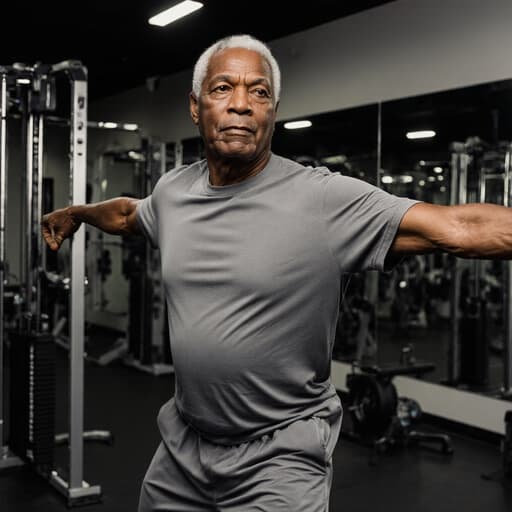 60대의 흑인 남성이 자연스러운 외모를 보여주는 반신 샷. 편안한 운동복을 착용하고 춤추는 자세를 취하며, 다양한 운동 기구와 거울이 배치된 피트니스 스튜디오에서 캐주얼하면서도 활기찬 분위기를 전달하고 있습니다. 무관심한 표정이 이미지에 독특한 매력을 더합니다.
