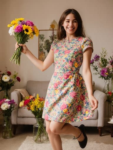 화사한 꽃다발을 들고 춤추며 기쁨을 표현하는 혼혈의 10대 초반 소녀의 반신 사진. 그녀는 화사한 원피스와 꽃무늬 에이프런을 입고 있으며, 아름다운 꽃들로 장식된 거실에서 행복과 활기를 발산하고 있습니다.