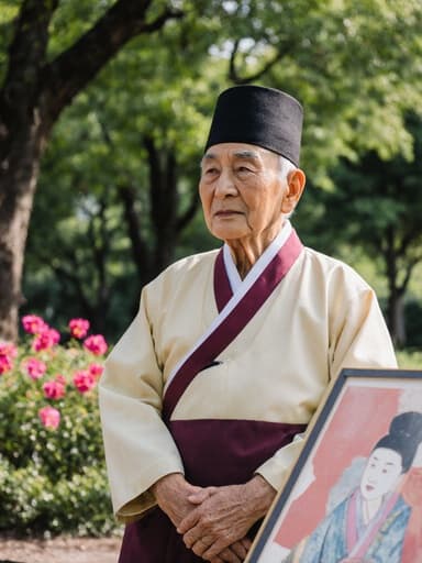 이 이미지는 전통 한복을 입은 80세 아시아계 남성이 나무와 꽃이 가득한 평화로운 공원에 서 있는 모습을 담고 있습니다. 그는 보이지 않는 작품을 감상하며 만족스러운 표정을 지으며, 감상과 평온의 순간을 표현하고 있습니다.