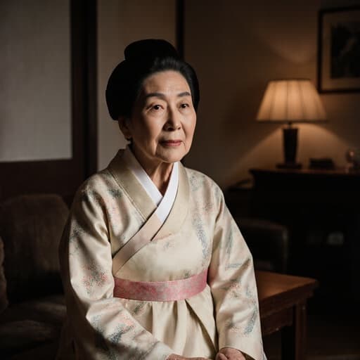 전통 한국 한복을 입고 있는 80대의 혼혈 여성의 반신 샷으로, 무릎 위에 손을 얹고 편안하게 기다리며 여유로운 표정을 짓고 있는 모습이 아늑한 거실 배경에서 따뜻한 조명과 전통 가구에 의해 강조되고 있습니다.