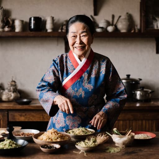 70대의 친근한 미소를 지닌 동양인 여성이 전통적인 한복을 입고, 전통 음식을 만들기 위한 재료들이 테이블 위에 놓인 모습으로 자연스럽게 상호작용하며 따뜻한 감정을 표현하는 반신 샷. 아늑한 주방 배경이 전통 요리의 주제를 강조하며, 부드러운 조명이 초대하는 분위기를 더합니다.