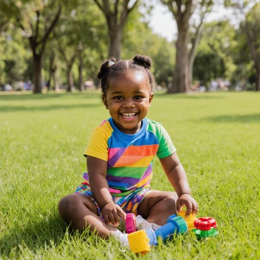 한 살 된 아프리카계 소녀가 공원의 푸른 잔디 위에 크로스 레그로 앉아 있으며, 화려한 티셔츠와 반바지를 입고 장난감을 가지고 놀며 즐거운 표정을 짓고 있습니다. 배경에는 나무와 밝은 햇살이 비치는 모습이 있습니다.