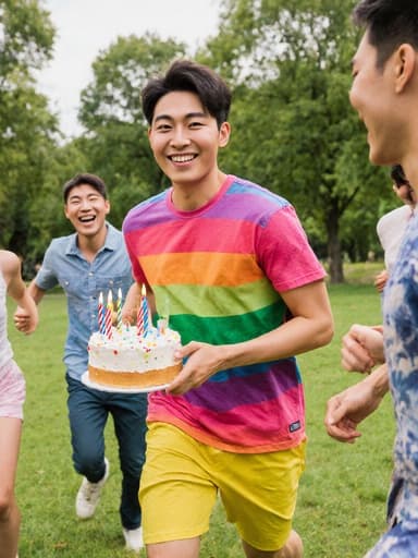 자연스러운 외모를 가진 20대 아시아계 남성이 화려한 색상의 티셔츠와 반바지를 입고 생일 케이크를 들고 친구들과 함께 공원에서 달리며 즐거운 표정을 짓고 있는 전신 사진. 푸른 잔디가 펼쳐진 배경이 생일 파티의 즐거운 분위기를 잘 담고 있다.
