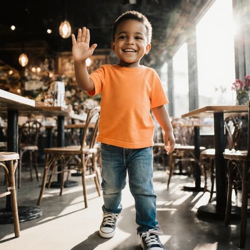 사랑스러운 7세 혼혈 남아가 반신 샷으로 촬영되었습니다. 밝은 색의 티셔츠와 청바지, 스니커즈를 입고 기쁜 표정을 지으며 손을 흔들며 인사하고 있습니다. 아늑한 카페 내부의 창문으로 햇빛이 비치는 모습이 배경에 있습니다.