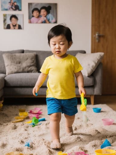 귀엽고 자연스러운 외모를 가진 3세 아시아계 여아의 반신 촬영. 화사한 티셔츠와 반바지를 입고 졸린 표정을 지으며 모래놀이 세트를 들고 천천히 걷고 있는 모습. 아늑한 거실에는 가족 사진과 흩어진 놀이 도구들이 있어 따뜻하고 매력적인 분위기를 자아냅니다.