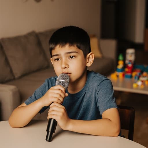 7세 라틴계 남성이 편안한 티셔츠와 반바지를 입고 아늑한 거실 테이블에 앉아 있는 반신 사진입니다. 그는 마이크를 손에 들고 노래를 부르려 하지만 지루한 표정을 짓고 있습니다. 배경에는 소파와 장난감들이 흩어져 있는 따뜻한 거실이 있어, 아이의 주변 환경과의 상호작용을 돋보이게 하는 초대하는 분위기를 만들어냅니다.