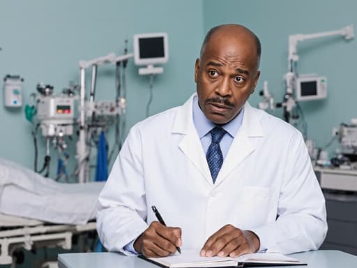50대 아프리카계 남성 의사가 흰 가운을 입고 의료 기록을 작성하며 당황한 표정을 짓고 있는 반신 샷입니다. 손은 떨고 있으며, 배경은 의료 장비로 가득 찬 깨끗한 병실입니다. 전문적인 분위기를 강조합니다.