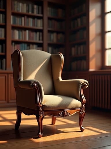 고전적인 도서관에 있는 고전적인 목재 의자와 따뜻한 자연광, 풍부한 목재 질감으로 아늑하고 초대하는 분위기를 만듭니다.