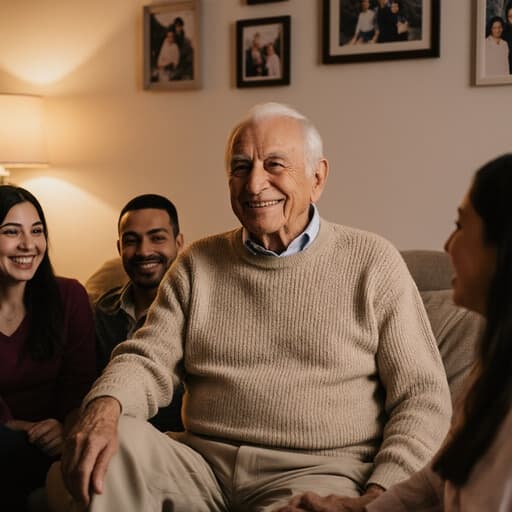 80대의 라틴계 남성이 편안한 니트 스웨터와 면바지를 입고 아늑한 거실에 앉아 있는 반신 사진. 그는 의자에 약간 앞으로 기울이며 가족들을 바라보며 다정한 미소를 짓고 있으며, 가족 사진과 따뜻한 조명이 있는 공간에서 가족의 기쁨과 유대감을 담고 있습니다.