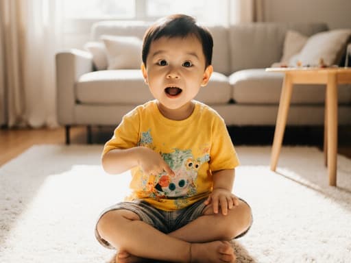 아침 햇살이 비추는 아늑한 거실에 앉아 있는 귀여운 3세 동양인 남자아이로, 밝은 색상의 티셔츠와 편안한 반바지를 입고 있으며, 배고픈 표정을 지으며 배를 가리키고 있습니다.