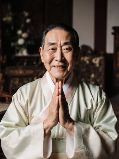 80대 한국인 남성이 부드러운 파스텔 톤의 전통 한복을 입고, 고마운 미소를 지으며 두 손을 모아 인사하는 자세를 취한 반신 사진으로, 고풍스러운 가구와 장식이 있는 전통 한국 거실을 배경으로 하고 있습니다.