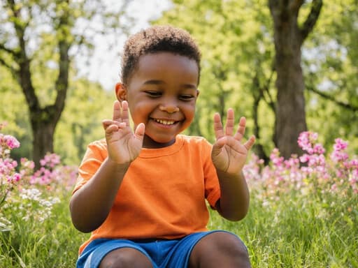 푸르른 공원에 앉아 있는 귀여운 3세 흑인 남성의 반신 촬영으로, 밝은 색상의 티셔츠와 반바지를 착용하고 있습니다. 그는 손가락으로 숫자를 세며 즐거운 표정을 짓고 있으며, 신나는 기분을 표현하고 있습니다. 배경에는 푸르른 나무와 만발한 꽃들이 있어 장면의 즐거운 분위기를 더욱 강조합니다.