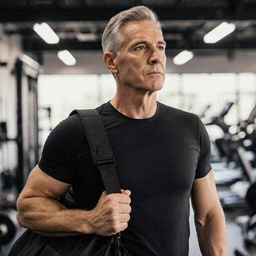 건강한 외모를 가진 50대 백인 남성이 헬스장에서 운동복과 어깨에 스포츠 가방을 메고 서 있습니다. 진지한 표정은 건강 상담에 대한 깊은 생각을 하고 있음을 나타내며, 다양한 운동 기구와 밝은 조명이 에너지를 주는 배경을 이루고 있습니다.