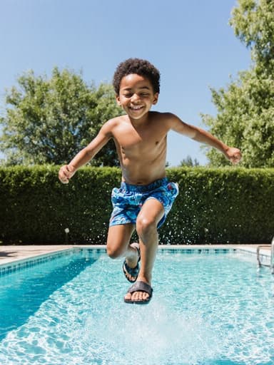 편안한 수영복과 샌들을 입은 7세 혼혈 남자아이가 졸린 듯하지만 즐거운 표정을 지으며 여름의 야외 수영장에 점프하는 모습이 풀바디 샷으로 포착되었습니다. 햇빛과 나무가 있는 생기 넘치는 여름 환경이 즐거운 분위기를 더합니다.