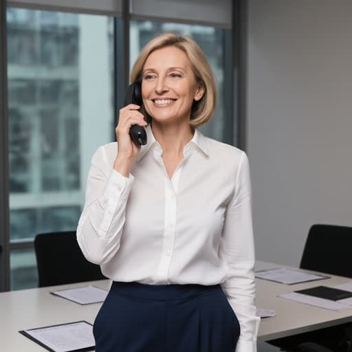 40대 유럽계 여성의 반신 사진으로, 자연스러운 외모를 지닌 모델이 스마트한 블라우스와 정장 바지를 입고 있으며, 전화기를 들고 대화하는 모습입니다. 친근한 표정과 발표 자료가 있는 현대적인 회의실 배경이 전문적이고 매력적인 분위기를 자아냅니다.