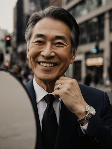 50대의 자신감 넘치는 동양인 남성이 세련된 정장과 멋진 액세서리를 착용하고 거울을 보며 액세서리를 조정하며 밝게 웃고 있는 모습을 반신 촬영한 이미지로, 현대적인 도시 거리 배경이 어우러져 있습니다.