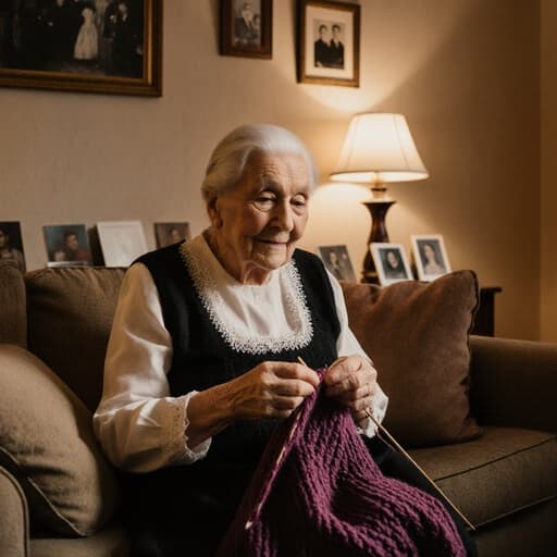 80대의 유럽계 여성이 전통 의상을 입고 소파에 편안하게 앉아 뜨개질 도구를 들고 있는 반신 사진입니다. 그녀는 여유로운 표정을 지으며, 따뜻한 조명이 비추는 거실과 가족 사진이 배경을 이루어 친근한 분위기를 자아냅니다.