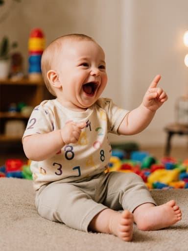 아늑한 소파에 앉아 있는 장난스러운 1세 백인 남자 아기의 반신 사진입니다. 그는 부드러운 색상의 면 티셔츠와 아기용 바지를 입고, 손가락으로 숫자를 가리키며 장난스럽게 웃고 있습니다. 장난감이 흩어져 있는 밝은 거실에서 따뜻한 느낌을 주며, 아기의 즐거운 표정이 강조된 장면입니다.