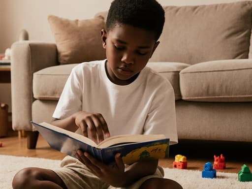 아늑한 거실 바닥에 앉아 있는 7세의 아프리카계 남성 아이의 반신 사진입니다. 그는 편안한 티셔츠와 반바지를 착용하고 있으며, 지루한 표정으로 앞에 놓인 열린 책을 바라보며 손으로 페이지를 넘기고 있습니다. 배경에는 소파와 흩어져 있는 장난감들이 있어 따뜻하고 매력적인 분위기를 연출하며, 아이의 편안한 복장과 감정이 잘 어우러집니다.