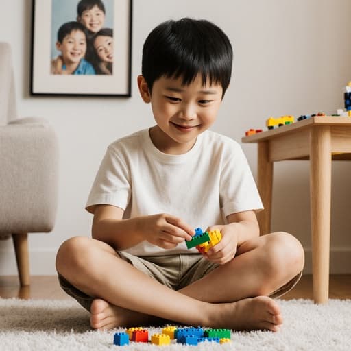 7세 남성 동양아이가 호기심 가득한 표정으로 거실 바닥에 앉아 크로스 레그로 다리를 꼬고, 레고 조각을 조립하며 미소 짓고 있는 모습의 반신 사진. 아늑한 배경은 벽에 걸린 가족 사진과 레고 조립을 위한 테이블이 있어 따뜻하고 초대하는 분위기를 만들어냅니다.