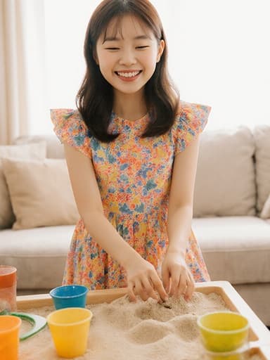 사랑스러운 외모의 한국인 여성이 화사한 원피스를 입고 아늑한 거실에서 모래놀이 세트를 가지고 놀며 행복한 표정을 짓고 있는 반신 사진.