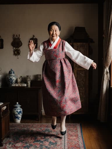 전통 한복을 우아하게 입은 80대 유럽계 여성의 전신 사진으로, 차분한 표정으로 기념사진을 찍기 위해 즐겁게 점프하는 자세를 취하고 있습니다. 아늑한 거실에서 전통 소품들로 둘러싸인 모습이 따뜻하고 초대하는 분위기를 자아냅니다.