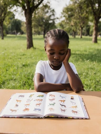 자연스러운 외모의 7세 아프리카계 여성 어린이가 푸르른 공원 벤치에 앉아 있는 반신 촬영. 편안한 티셔츠와 반바지를 입고, 책상 위에 놓인 동물 이름 책을 졸린 표정으로 바라보고 있으며, 주변의 푸른 잔디와 나무들이 평화로운 분위기를 더하고 있습니다.
