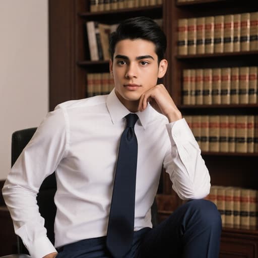 세련된 사무실 공간에서 자신감 넘치는 10대 후반의 라틴계 남성이 포즈를 취하고 있습니다. 그는 정장 바지와 세련된 셔츠를 착용하고 있으며, 넥타이는 약간 느슨하게 매고 있습니다. 한 손은 턱에 대고 다른 손은 허리에 두고 있습니다. 배경에는 법률 서적이 가득한 책장이 있는 현대적인 상담실이 있어 우아하고 역동적인 분위기를 자아냅니다.