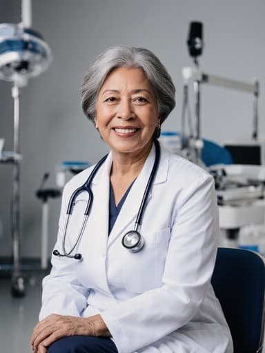 50대의 혼혈 여성 모델이 자연스러운 외모를 선보이며, 현대적인 수술실에서 자신감 있게 크로스 레그로 앉아 있는 반신 사진입니다. 의사 가운을 입고 스테토스코프를 목에 걸고 있으며, 편안하고 자유로운 표정을 지으며 전문성을 발산하고 있습니다. 깨끗하고 현대적인 환경이 그녀의 의료 제공자로서의 역할을 강조하며, 자신감 있는 자세와 배경이 조화롭게 연결되고 있습니다.