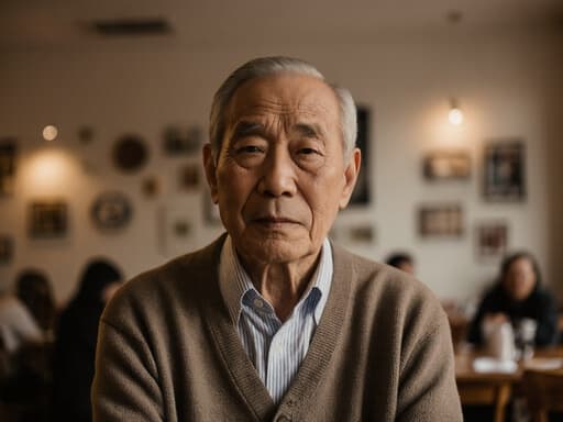 70대의 동양인 남성이 주름이 있는 자연스러운 외모와 편안한 셔츠와 카디건을 입고 있는 반신 사진입니다. 그는 테이블에 앉아 손을 무릎 위에 두고 편안한 자세를 유지하며 무관심한 표정으로 주변을 바라보고 있습니다. 배경은 따뜻하고 아늑한 카페로, 가족 모임의 일상적인 장면을 담아내며 순간의 아늑한 분위기를 더욱 강조합니다.
