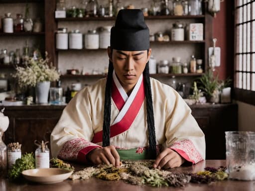 이 이미지는 전통 한복을 입은 젊은 아프리카계 남성이 한의원 내부의 테이블에 앉아 한약재를 살펴보는 모습이다. 무관심한 표정을 지으며, 배경은 한약재와 도구들로 가득한 선반이 있어 조용하고 문화적인 분위기를 자아낸다.