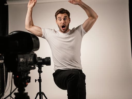 30대 유럽계 남성이 흰색 티셔츠와 검은색 바지를 입고 놀란 표정을 지으며 사진 스튜디오에서 부드러운 조명과 촬영 장비가 있는 가운데 장난스럽게 춤추고 있는 모습으로, 기쁨과 창의성을 잘 담아내고 있습니다.