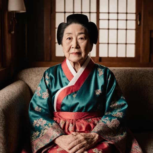 80대 백인 여성의 반신 사진으로 전통적인 한복을 입고 아늑한 카페 소파에 앉아 외로운 표정을 지으며 무릎을 감싸고 있는 모습, 전통 놀이를 할 수 있는 따뜻하고 매력적인 카페 배경이 어우러진 장면입니다.