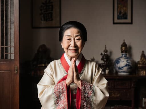 전통 한복을 입은 한국인 노인이 감사의 미소를 지으며 손을 모아 인사하는 모습의 반신 사진, 아늑한 거실과 전통 장식으로 가득한 공간에서 촬영되었습니다.