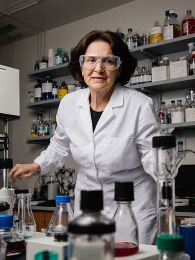 50대 혼혈 여성의 전신 사진으로, 실험복과 안전 안경을 착용하고 있으며, 연구에 대한 열정을 표현하며 실험 기구를 향해 점프하고 있는 모습입니다. 배경은 화학 물질과 다양한 과학 장비로 가득 찬 생동감 있는 연구실입니다.