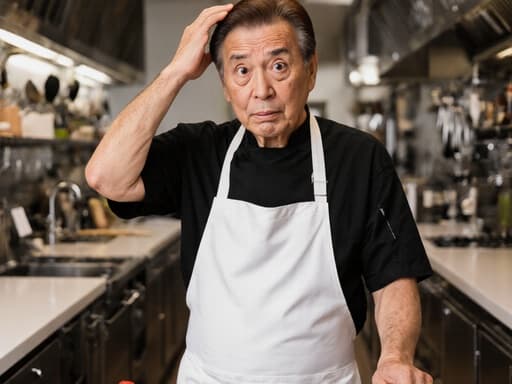 이 이미지는 60대 혼혈 남성 셰프가 흰색 앞치마와 검정 셔츠를 입고 잘 갖춰진 주방에 서 있는 모습을 보여줍니다. 그는 당황한 표정을 지으며 한 손으로 쇼핑 카트를 밀고 다른 손으로 머리를 긁적이면서 요리의 어려움을 강조하는 친근하고 매력적인 순간을 만들어냅니다.