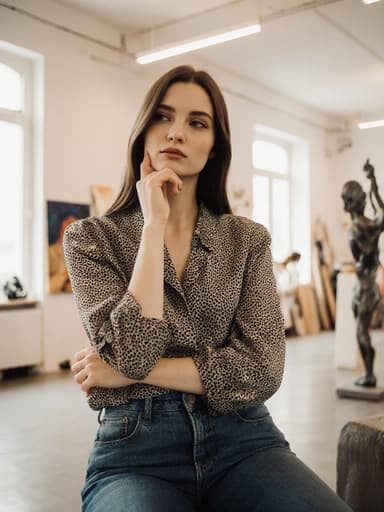 20대 유럽계 여성이 화려한 블라우스와 편안한 청바지를 입고 밝은 아트 스튜디오에 앉아 있습니다. 그녀는 생각에 잠긴 듯한 표정을 지으며 한 손으로 턱을 괴고 있으며, 다양한 예술 작품들이 주변에 있습니다.