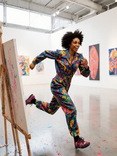 30대 혼혈 여성의 전체 몸샷으로, 색색의 페인트 얼룩이 묻은 작업복을 입고 캔버스를 향해 달려가며 열정적인 표정을 짓고 있는 모습이 밝고 현대적인 전시실에서 다양한 작품들로 둘러싸여 있습니다.