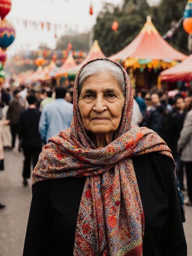 70대 중동계 여성이 전통 의상과 화려한 패턴의 스카프를 착용하고, 다양한 사람들로 가득한 장식된 광장에서 축제를 향해 달려가는 전체 모습입니다.