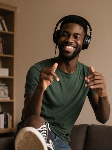 아늑한 거실에서 헤드폰을 쓰고 음악에 맞춰 춤추며 매력적인 미소를 지은 자신감 있는 10대 후반 아프리카계 남성이 캐주얼한 티셔츠와 운동화를 착용하고 있습니다.