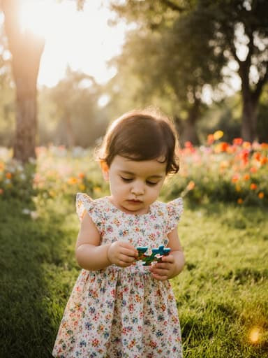 중동계 여성 아기가 편안한 여름 원피스를 입고 공원의 푸른 잔디 위에 앉아 있는 반신 샷입니다. 아기는 지루한 표정으로 손에 퍼즐을 들고 기다리고 있으며, 그 주위에는 생기 넘치는 나무와 꽃들이 있어 평화롭고 초대하는 분위기를 만들어냅니다.
