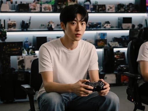 자연스러운 외모를 가진 10대 아시아계 남성이 의자에 앉아 게임 컨트롤러를 들고 있는 반신 사진입니다. 그는 편안한 티셔츠와 청바지를 입고 있으며, 약간 당황한 표정을 짓고 있습니다. 배경은 다양한 게임 기기와 액세서리가 진열된 전자매장으로, 생동감 있는 분위기를 연출하고 있습니다. 따뜻하고 초대하는 조명이 게임의 흥미를 강조하며 모델의 표정과 자세를 부각시켜, 장난스럽고 놀란 순간을 포착하고 있습니다.