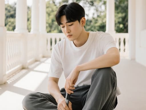 20대 한국인 남성이 베란다 바닥에 앉아 편안한 티셔츠와 운동 바지를 입고 청소 도구를 손에 들고 있습니다. 긴장한 표정을 지으며 청소에 집중하고 있으며, 자연광이 비치는 배경이 밝고 환한 분위기를 만들어냅니다.