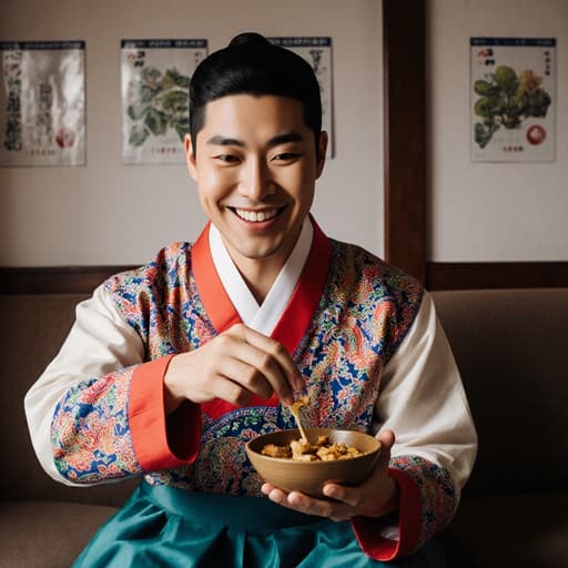 활기찬 아시아 남성이 아늑한 한의학 연구소에서 전통 한복을 입고 음식 그릇에서 음식을 즐기며 따뜻한 미소로 긍정적인 에너지를 발산합니다.