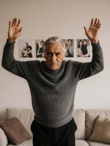 80대 중동계 남성이 회색 니트 스웨터와 검은 바지를 착용하고, 걱정스러운 표정으로 손을 높이 들며 점프하는 모습이 담긴 거실의 전체 모습. 벽에는 가족 사진이 걸려 있습니다.