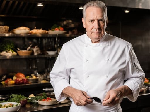 흰색 조리복과 앞치마를 착용하고 조리기구를 들고 지루한 표정을 짓고 있는 40대 백인 남성 요리사의 반신 사진. 배경은 다양한 조리도구와 신선한 식재료가 있는 활기찬 레스토랑 주방으로 구성되어 있습니다.