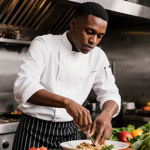 현대적인 주방에서 조리복과 앞치마를 착용한 젊은 흑인 남성 요리사가 반신 샷으로 촬영되었습니다. 그는 차분한 표정을 지으며 요리에 집중하고 있으며, 재료를 손에 들고 우아하게 움직이며 매력적인 요리 환경을 만들어냅니다.
