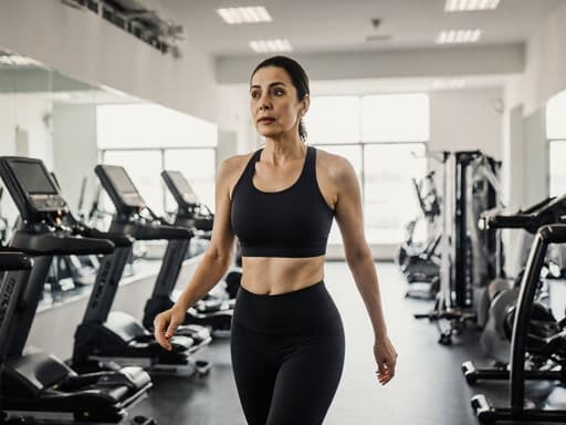 40대 중동계 여성이 스타일리시한 운동복을 입고, 밝은 헬스장에서 운동 기구와 거울이 있는 공간을 걷고 있으며, 약간 긴장한 표정을 지으며 주변을 바라보는 반신 사진.