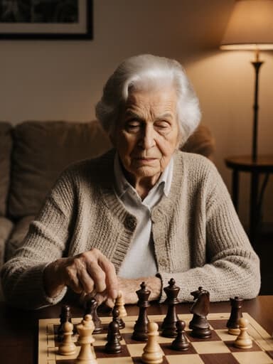 이미지는 편안한 니트 스웨터와 카디건을 입고 아늑한 거실의 테이블에 앉아 있는 80대 라틴계 여성의 모습입니다. 그녀는 피곤하지만 집중한 표정으로 체스 기물을 만지작거리고 있으며, 따뜻한 조명과 아늑한 장식이 어우러진 공간에서 분위기를 조성하고 있습니다.