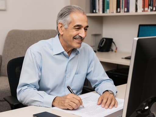 50대 중동계 남성이 깔끔한 셔츠와 바지를 입고 편안한 컴퓨터실의 테이블에 앉아 연구 계획서를 검토하며 자연스럽게 미소 짓고 있습니다. 책과 노트북이 주변에 놓여 있어 아늑하고 학문적인 분위기를 자아냅니다.